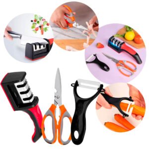 Kit Cozinha 3 Peças – Afiador de Facas, Tesoura Multiuso e Descascador Ergonômico