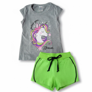 Conjunto Infantil Feminino Unicórnio Follow Your Dreams com Short Saia Verde Neon