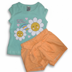 conjunto infantil feminino verde água com short laranja