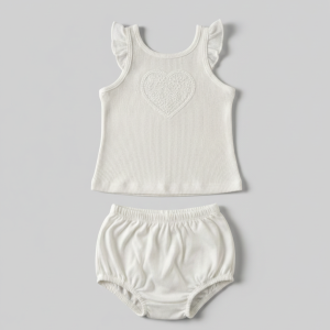 1_Conjunto Infantil Branco Coração em Renda com Bloomer