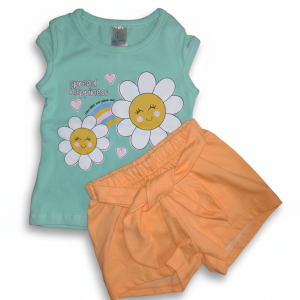conjunto infantil feminino verde água com short laranja